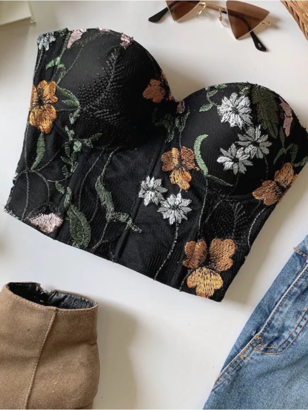 Saba Black Floral Embroidered Bustier Crop Top